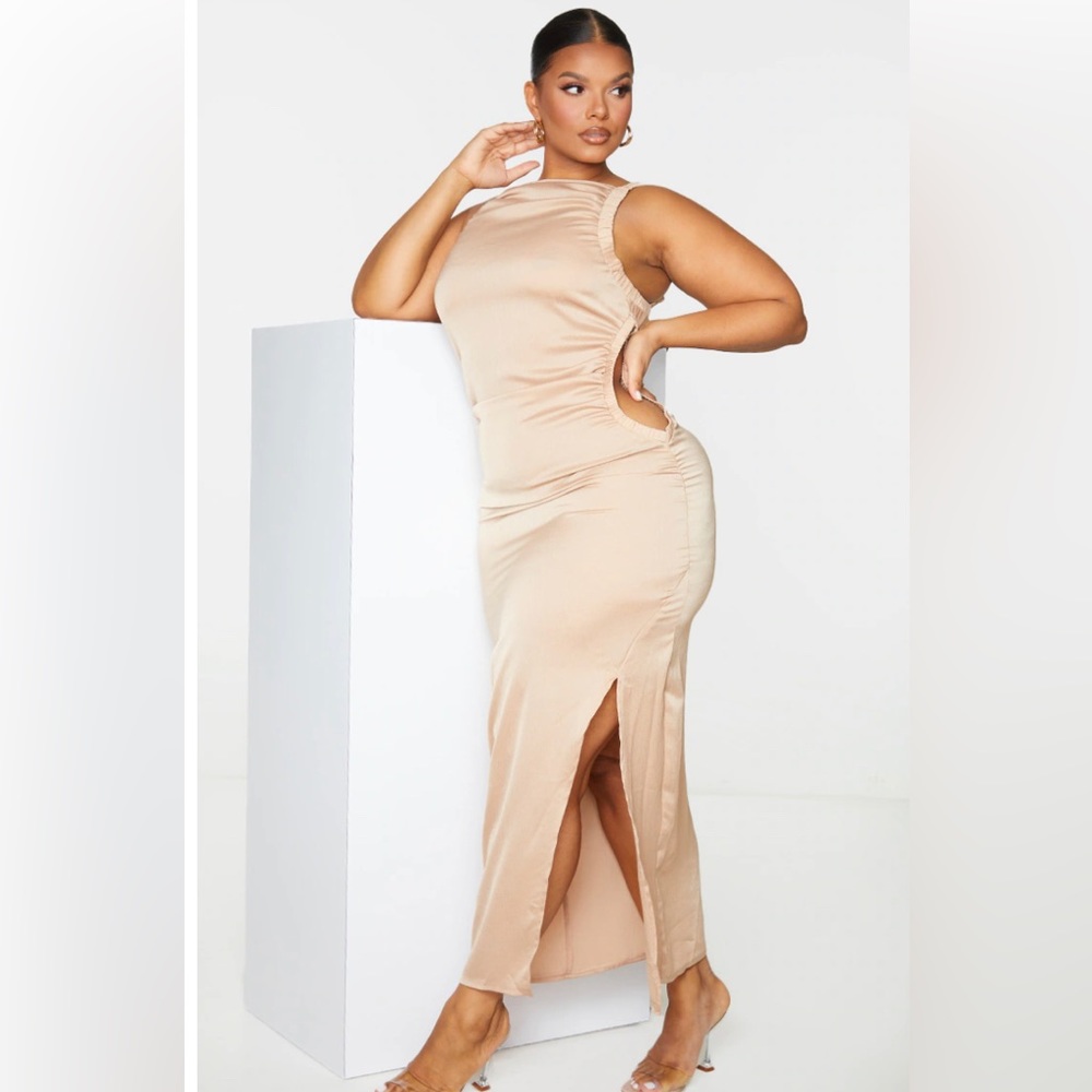 Plus size mocha high neck ruched cut out dress